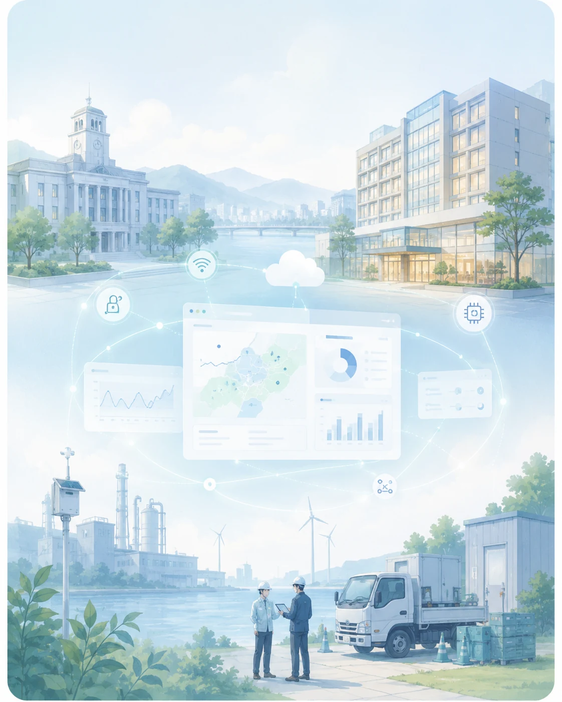 自治体・施設・現場運用の課題をデータとダッシュボードで見える化する共創・実証提案のイメージ