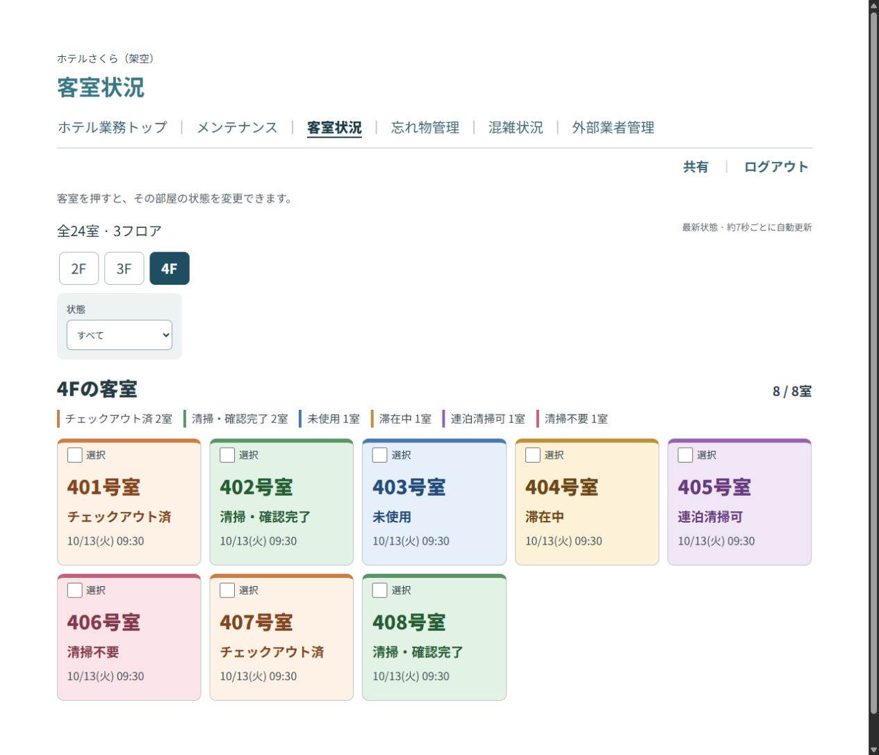 ホテル業務システムの客室状況管理の実画面（架空データ）